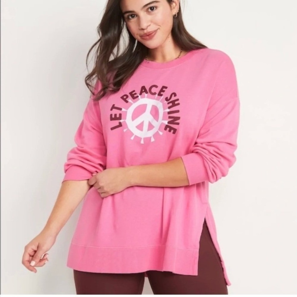Old Navy Womens Size Medium Boyfriend Tunic Sweatshirt Let Peace Shine Pink Crew